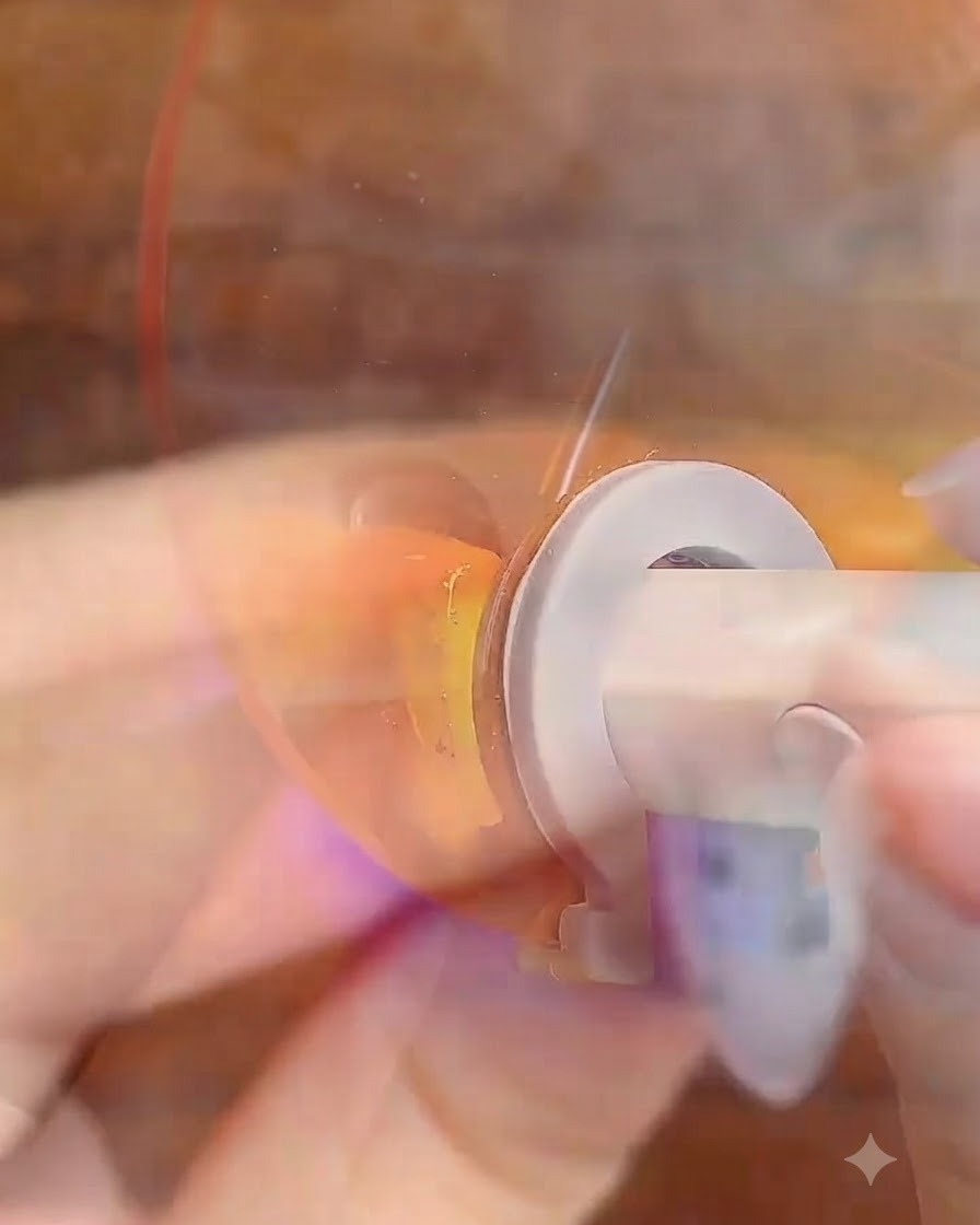 A hand placed under a portable LED curing lamp with a purple-pink light illuminating the fingertips.