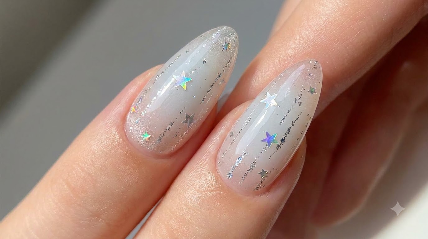 Silver Star Gradient Gel Nails — Milky White Ombre Tutorial
