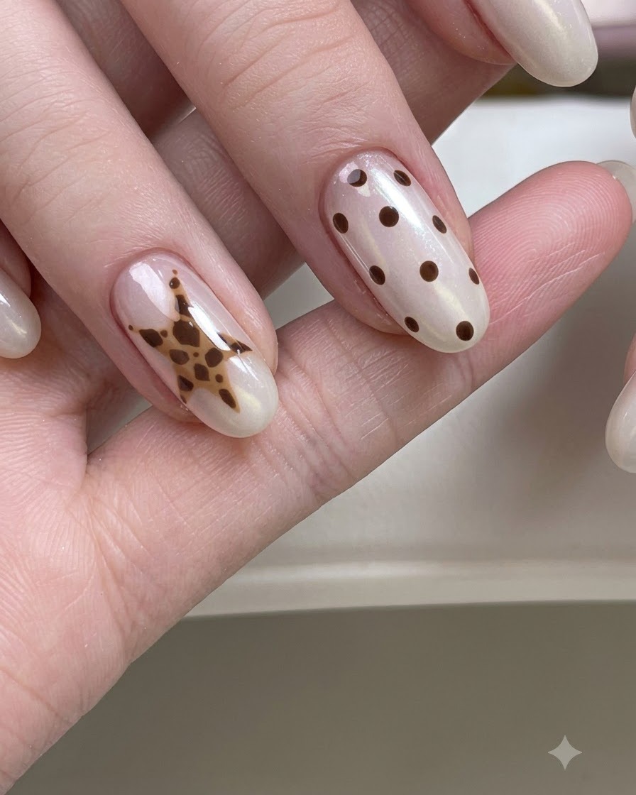 A close-up view of hands showcasing decorated nails with star and dot patterns against a clean background.