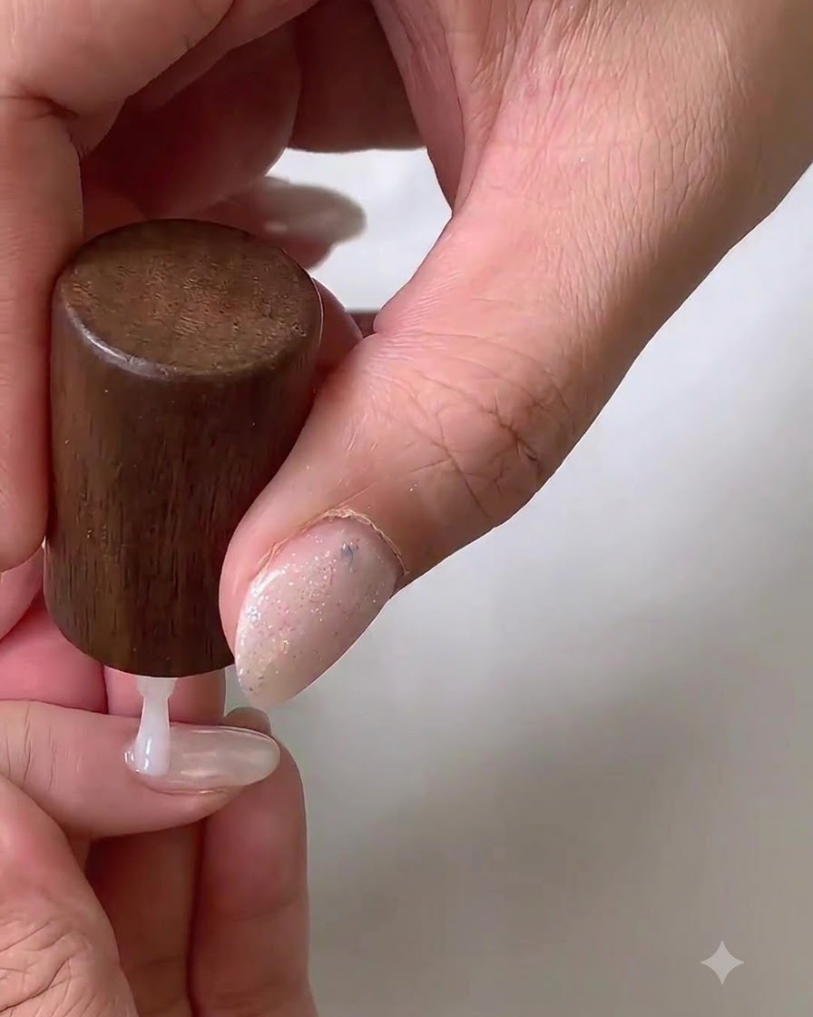 Close-up view of an e-file flame bit doing precision filing near the nail cuticle.