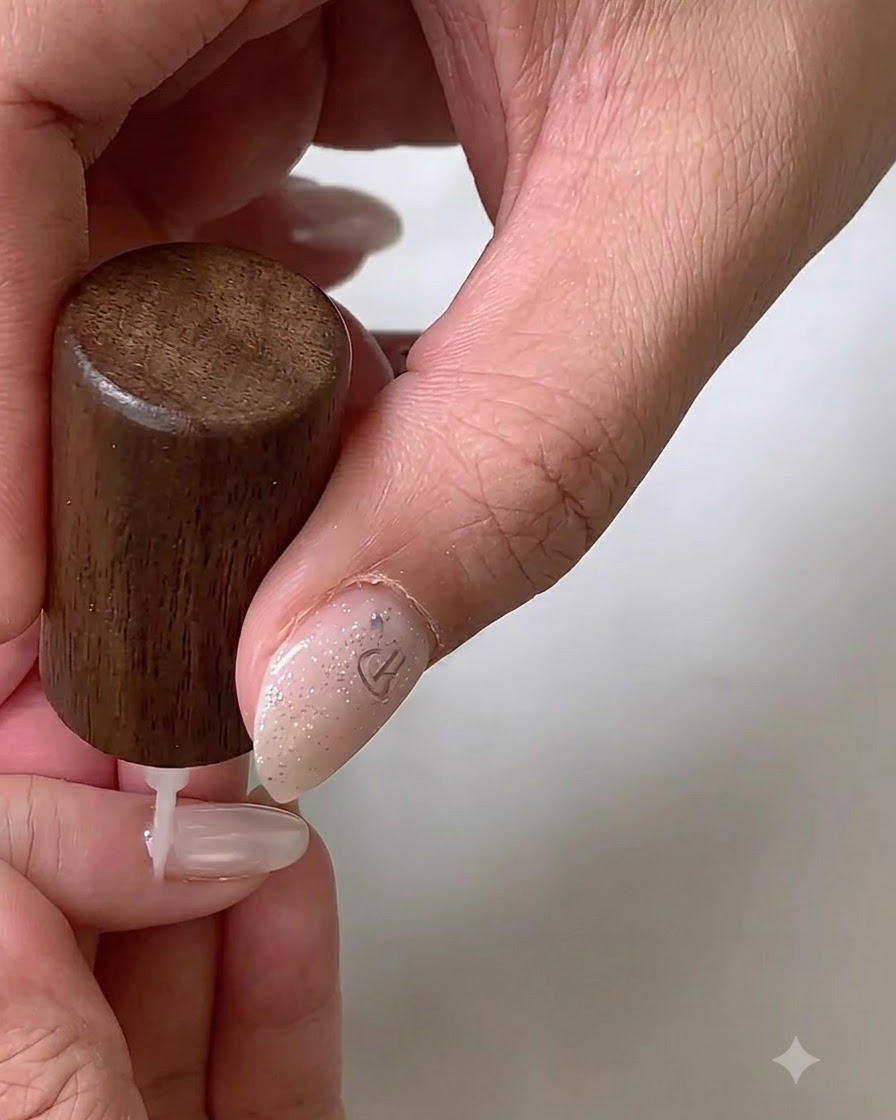 A flat gel brush applying a white gel base layer onto a natural nail.