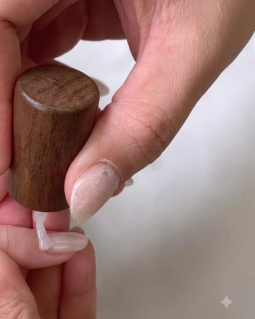 A brush applying a second layer of white gel base onto the nail.