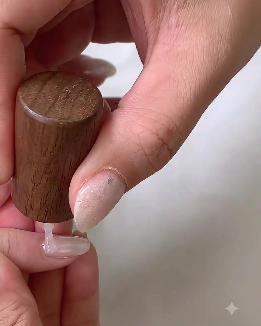A detailing brush smoothing out the white gel layer on a fingernail.