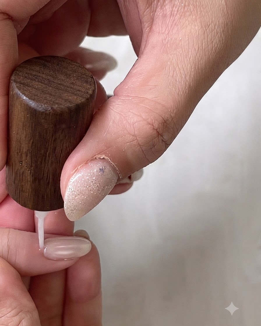 A pair of tweezers placing a guide sticker onto the surface of a manicured nail.