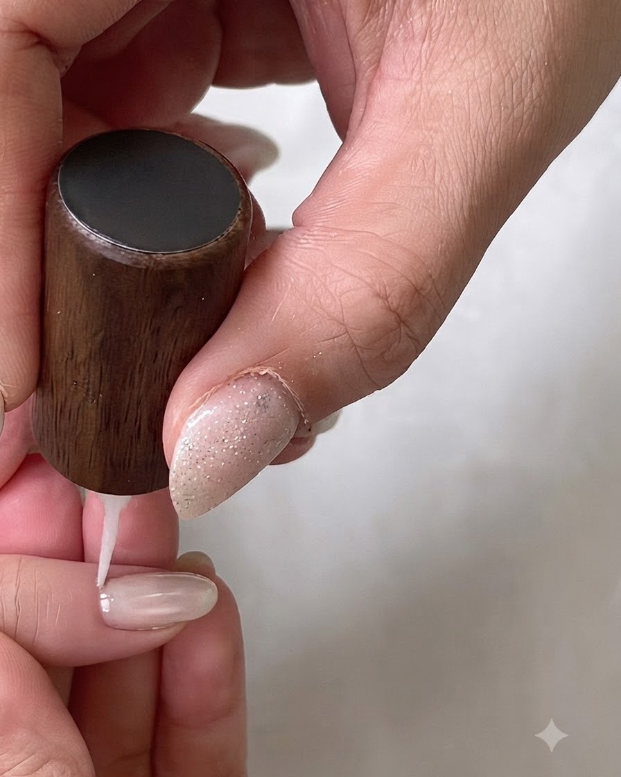A dotting tool placing small brown spots onto a light-colored nail base.