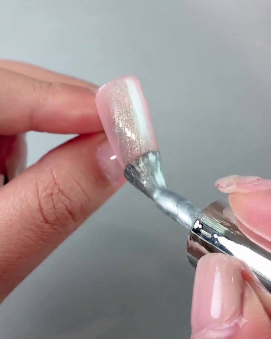 A magnetic tool held close to the sides of a nail to push and shape the cat-eye particles into a wide band.