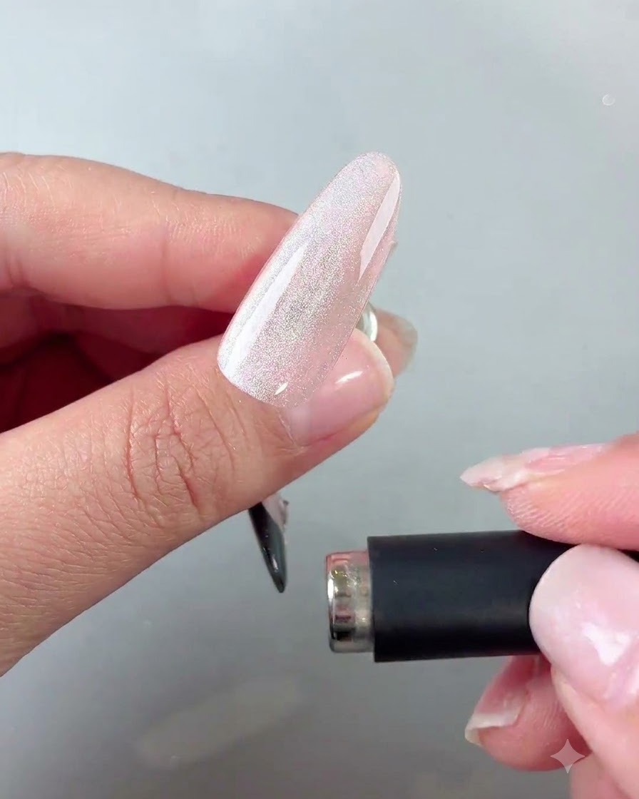 A magnet drawing the cat-eye particles into a bright, concentrated circular glass ball reflection in the middle of the nail.