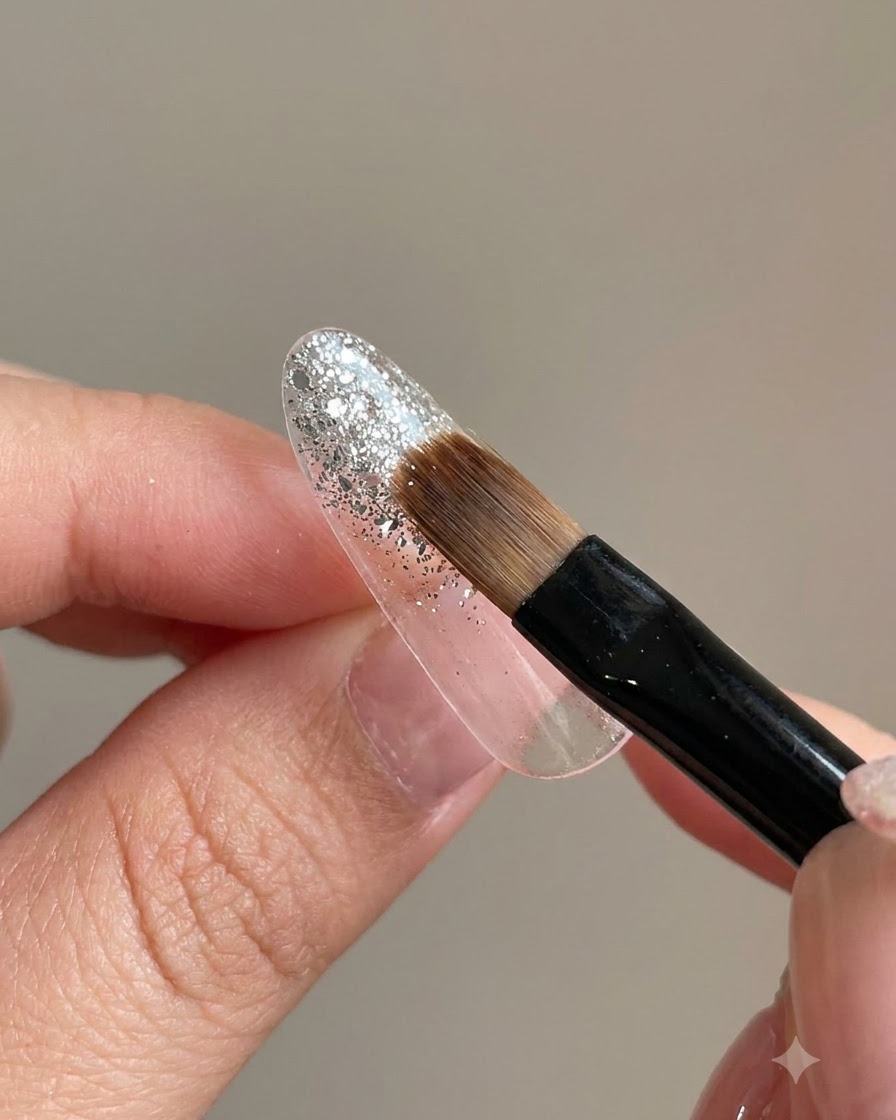 A flat sweeping brush held at a 45-degree angle blending silver glitter downward into a gradient.