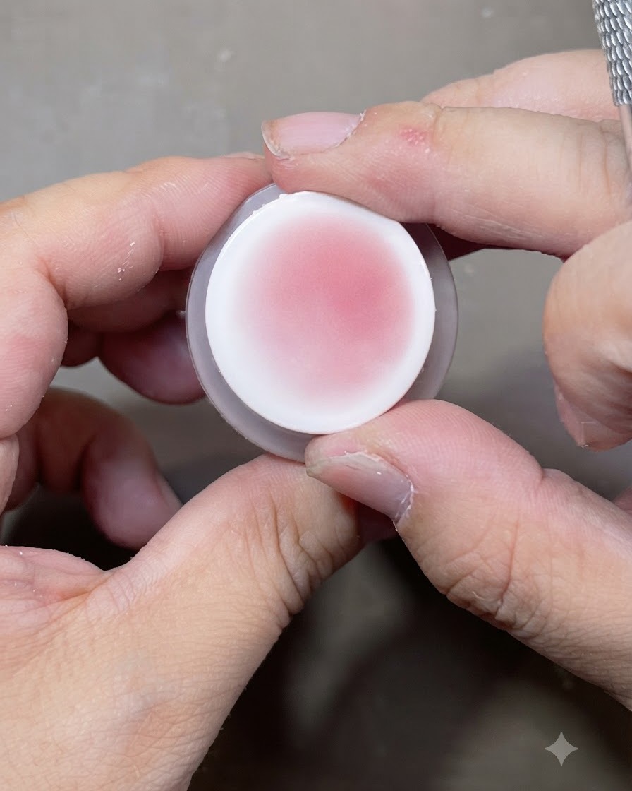 A cushion nail stamp loaded with a soft pink blush pigment, held between fingers before application.
