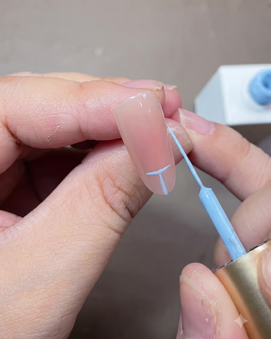 A fine liner brush drawing light blue alignment lines on a nude nail to plan the French tip shape.