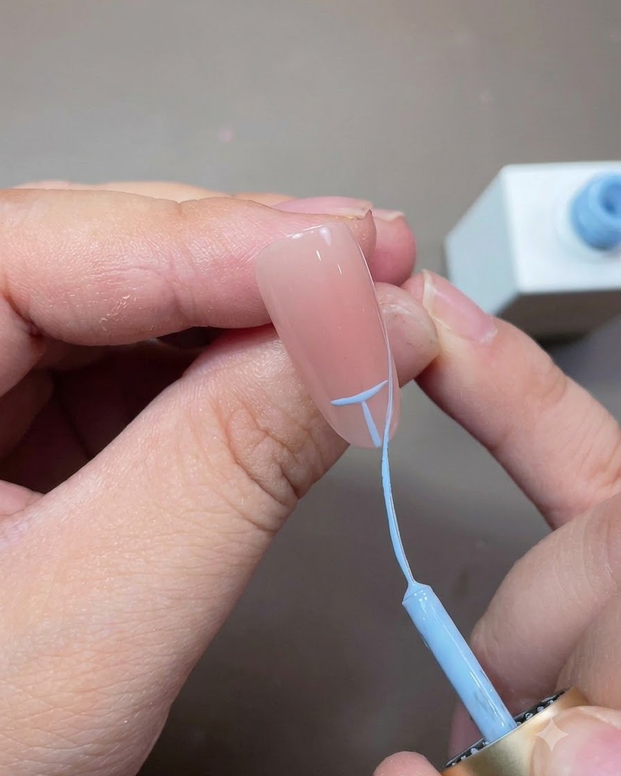 A fine liner brush connecting blue guidelines to create a smooth French tip arch across the nail.
