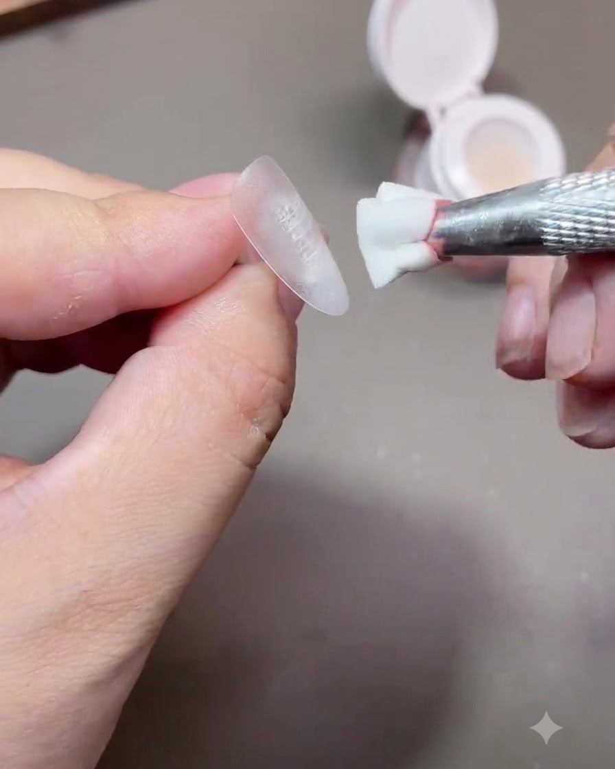 A sponge tool pressing pink pigment onto the edge of a nail to create a gradient blush look.
