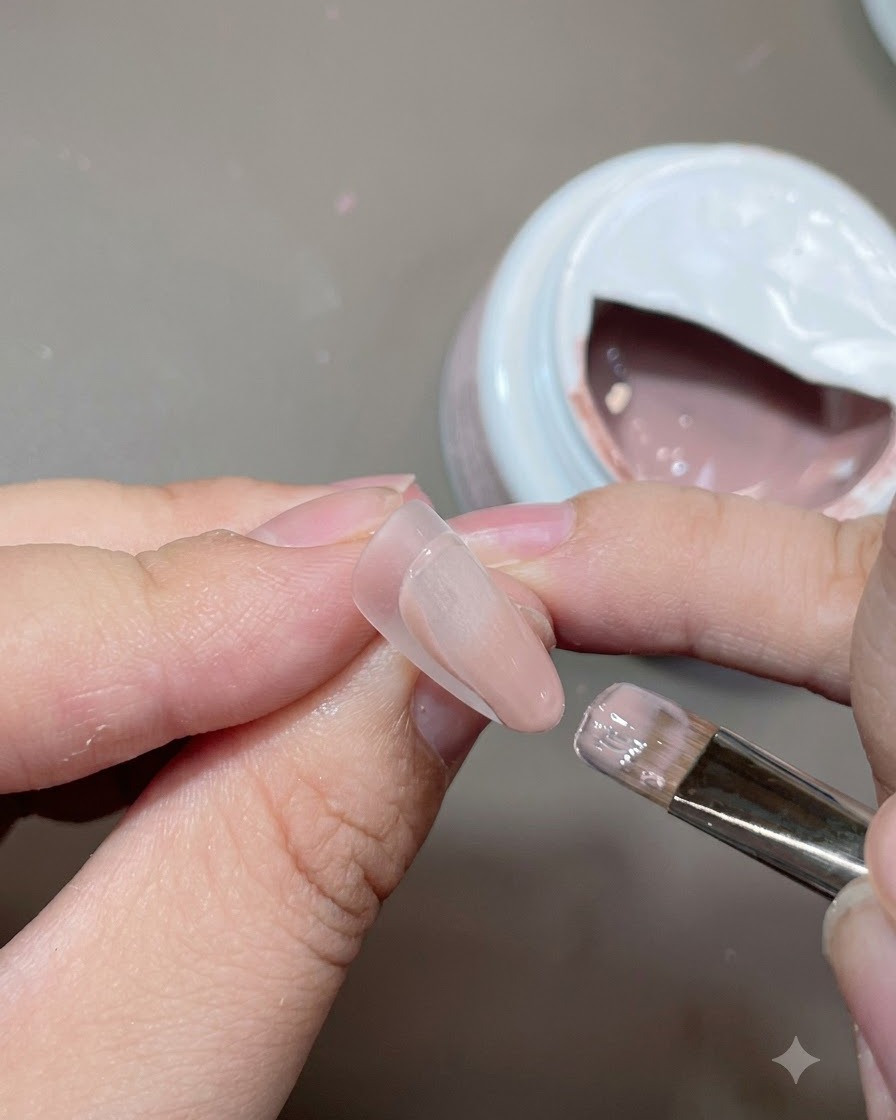 A flat gel brush applying a nude base color over a nail extension tip.