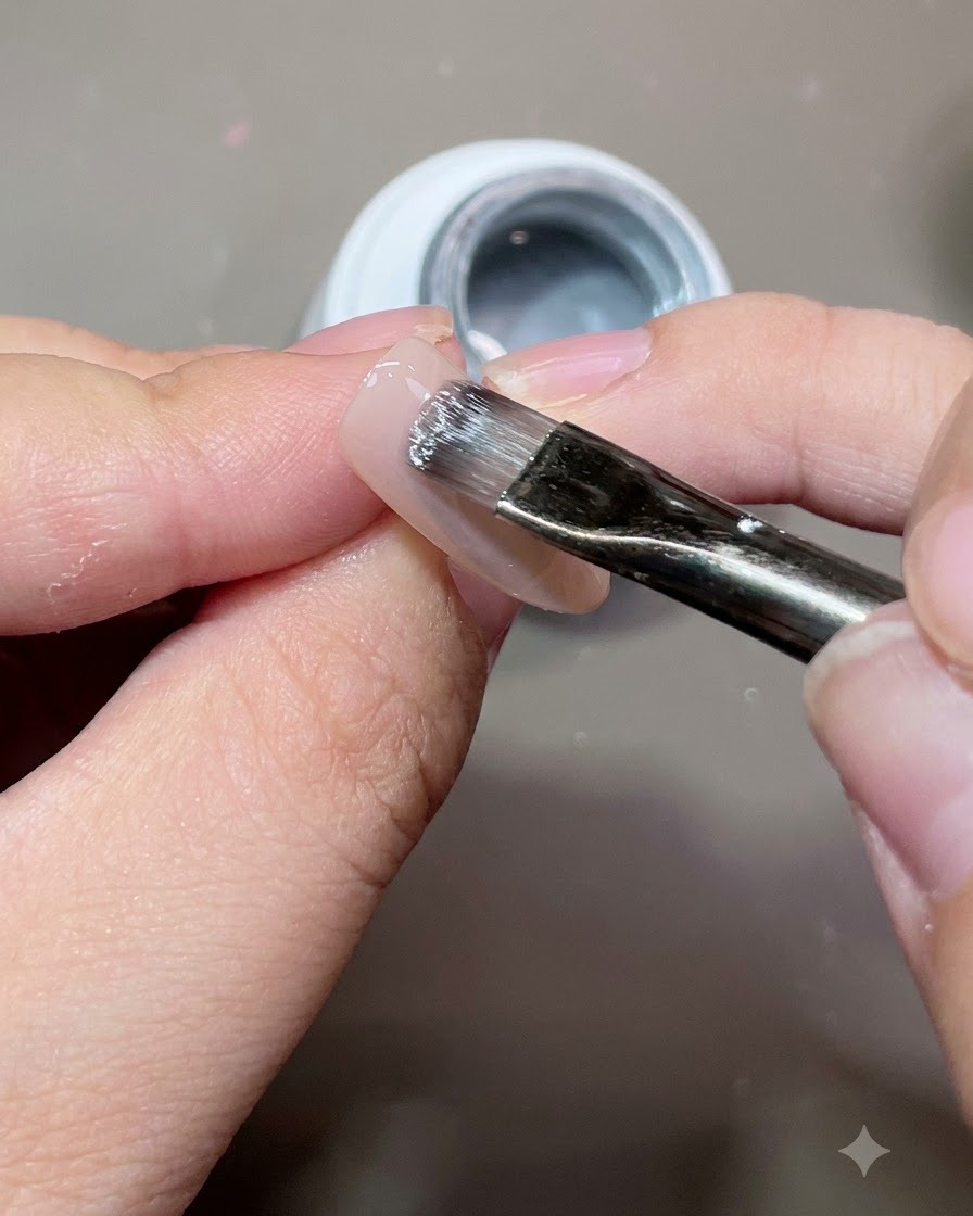 A brush applying translucent cat eye gel onto a manicured nail surface.