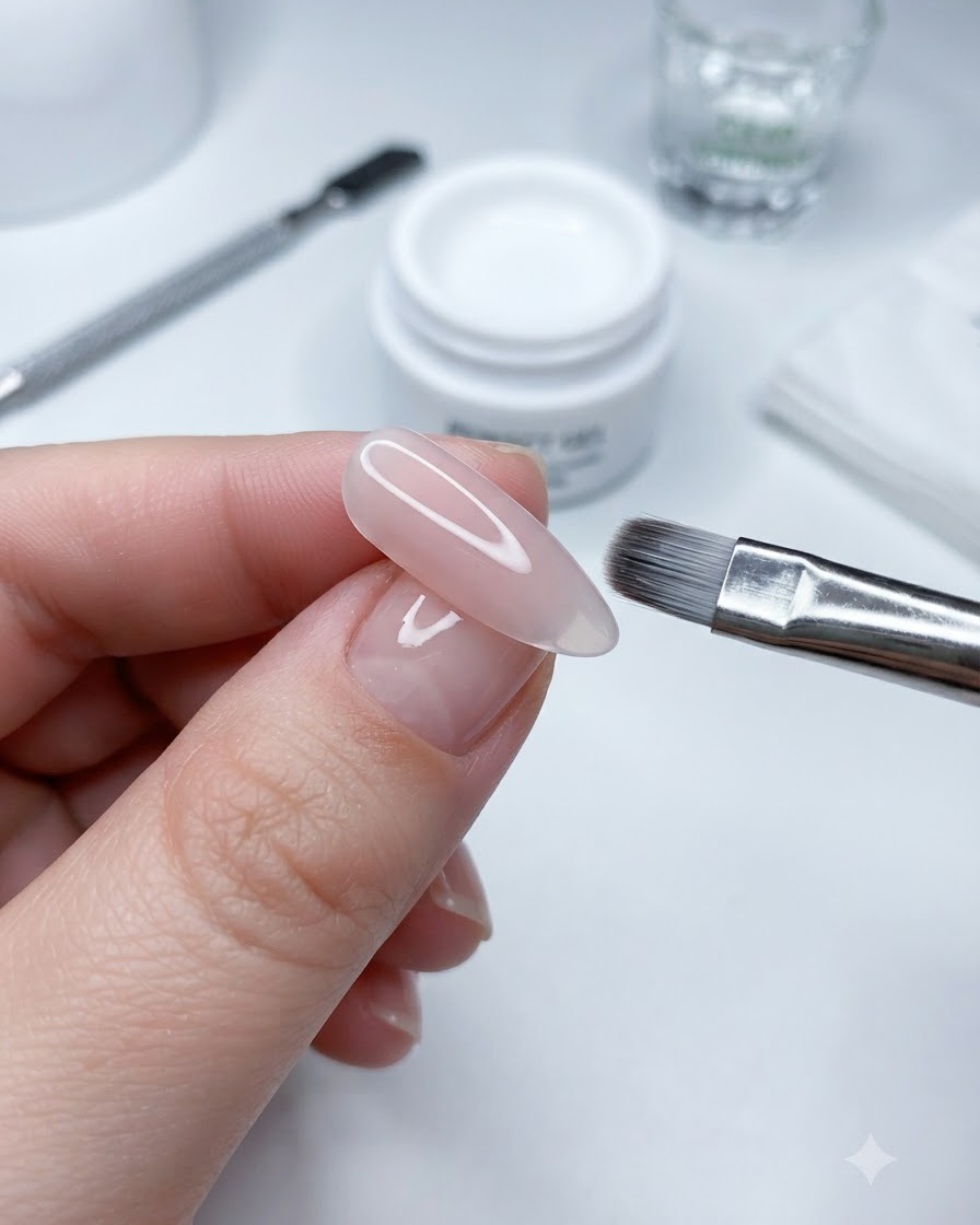 A manicured nail showing a side light glass bead cat eye reflection effect.