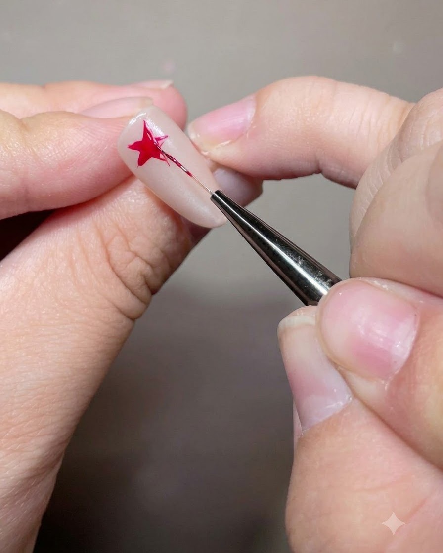 A fine liner brush filling in a red star design on a gel nail.