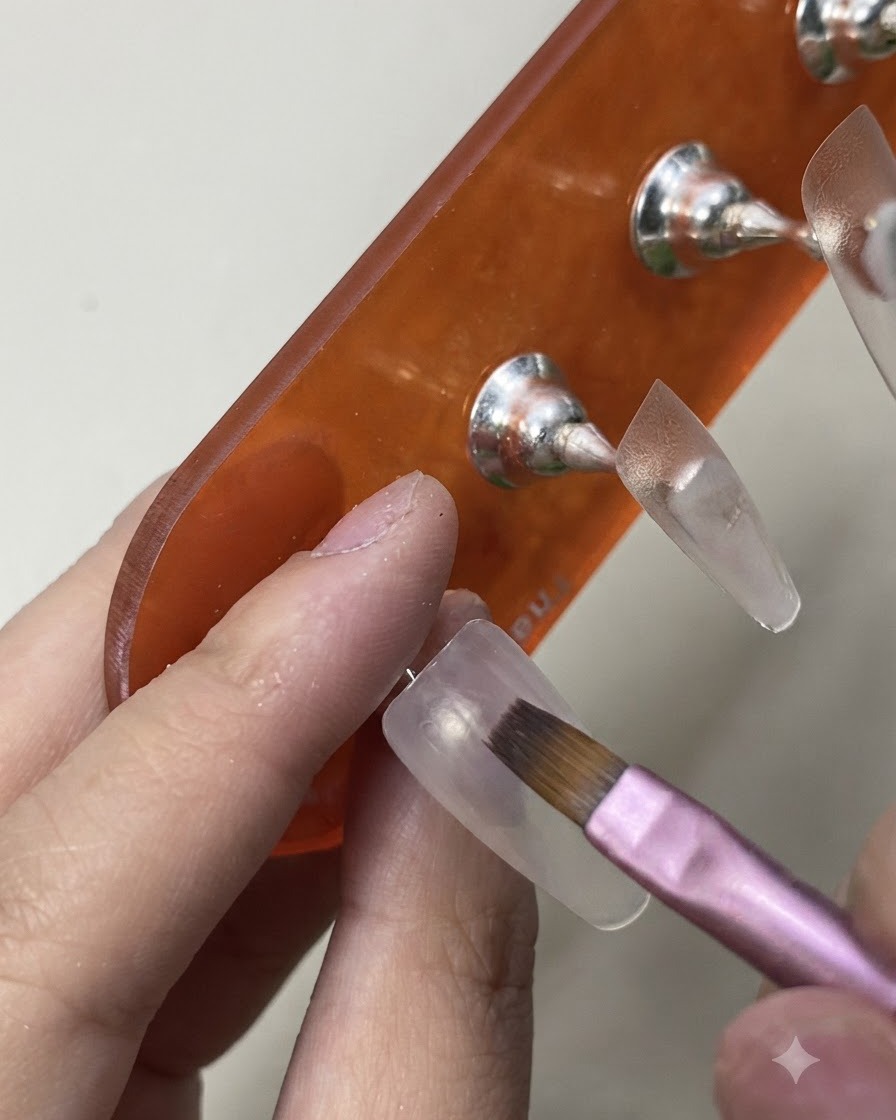 A brush gliding a second coat of milky white gel polish over the nail surface for solid opacity.