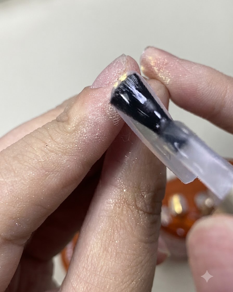 A brush painting a matte top coat over the shimmering aurora powder nail finish.
