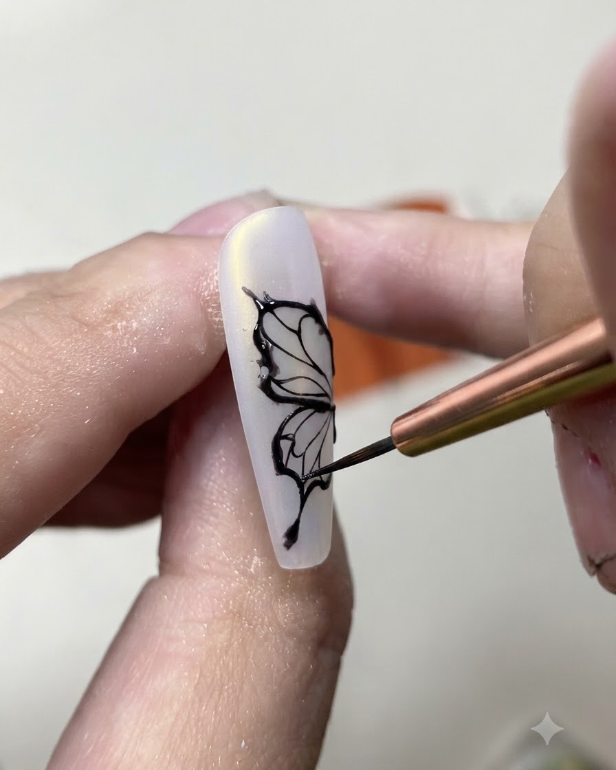 A fine liner brush drawing the delicate black outline of butterfly wings on a matte white nail.