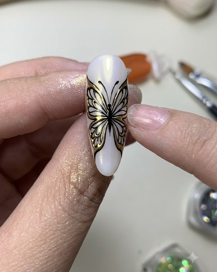 A fingernail with detailed black butterfly line art positioned under a UV/LED curing lamp.