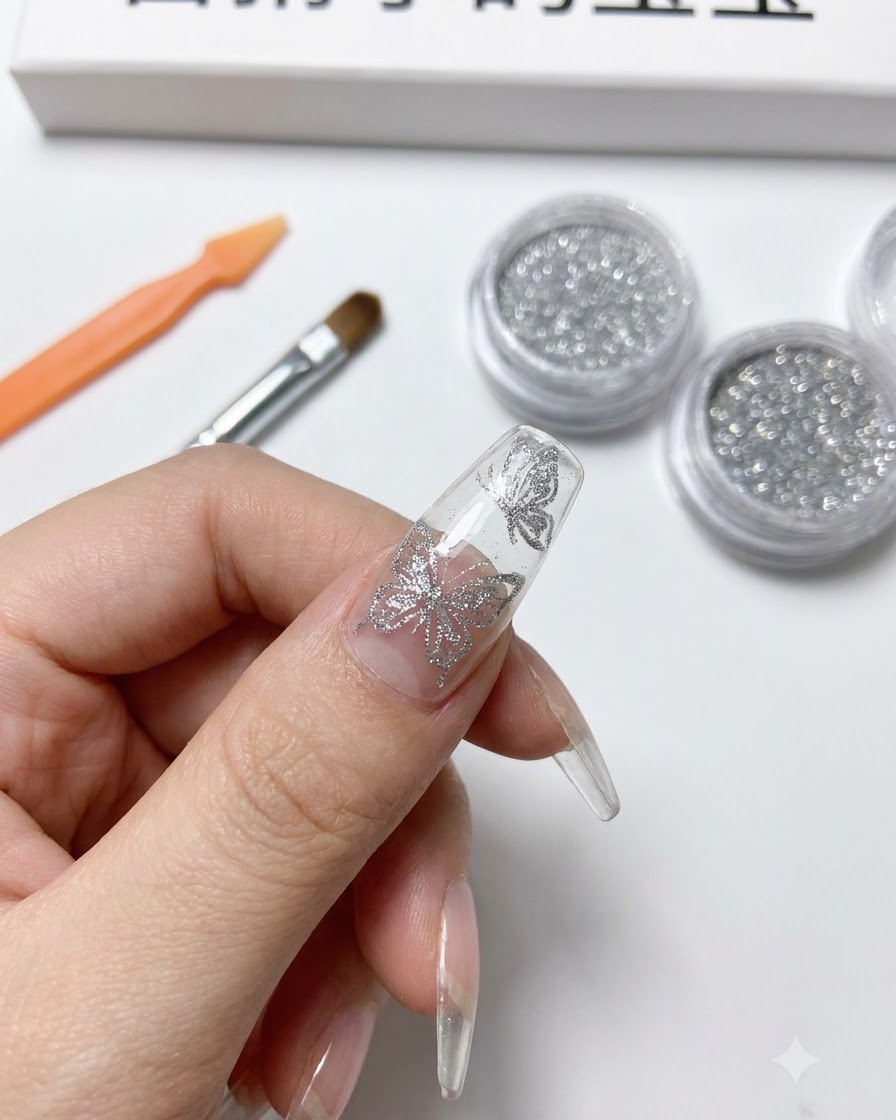 Silver chrome powder being applied directly over cured black butterfly lines on a nail.