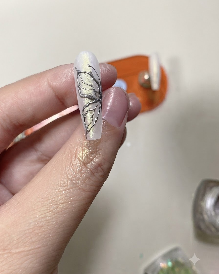 A top coat brush applying a clear protective layer over a finished silver chrome butterfly nail design.