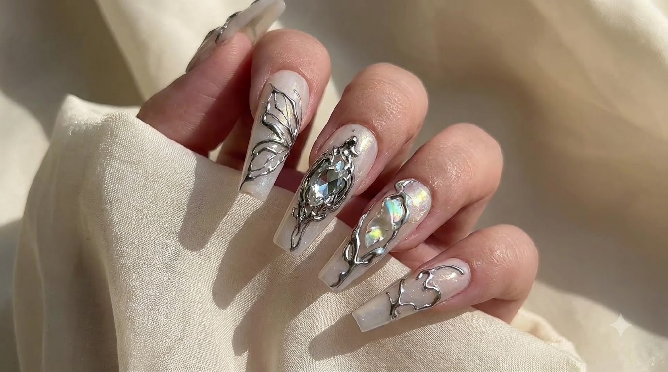 Silver Chrome Butterfly Nail Art with Milky White Base — Step-by-Step Tutorial