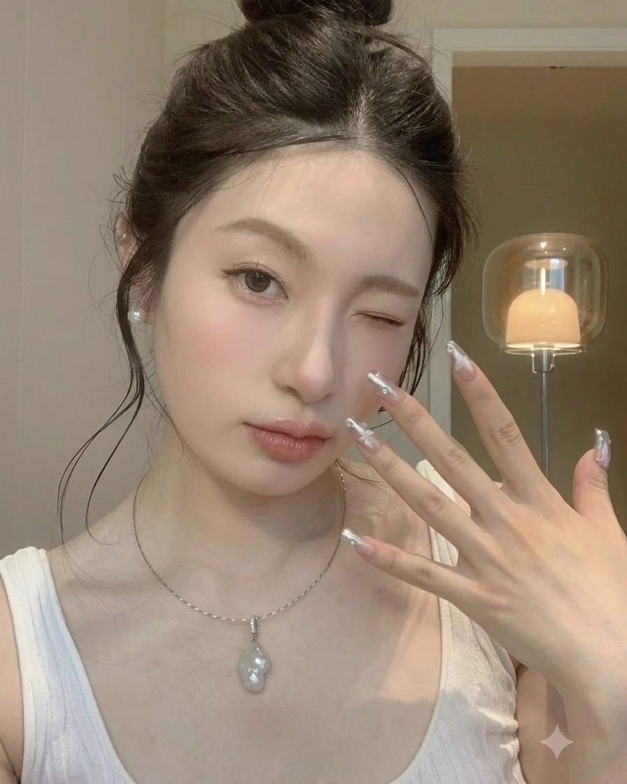 Fingers gently spread out to display the full set of finished silver chrome manicured nails.