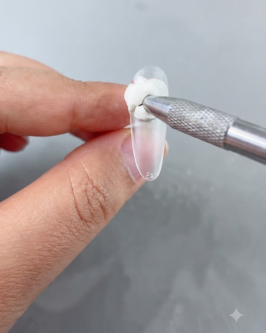A close-up view of a metal tool applying white patting gel onto the free edge of a clear nail tip.