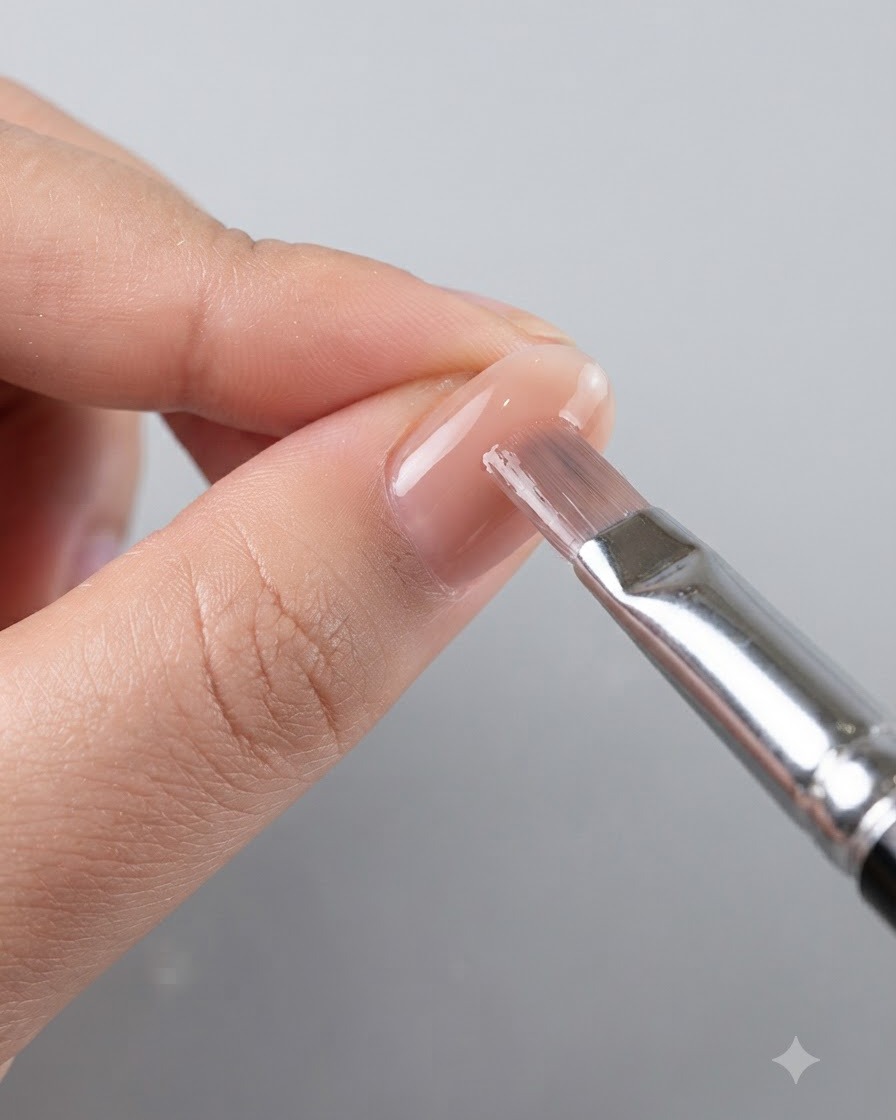 A nail brush evenly applying translucent nude pink jelly gel onto a fingernail.