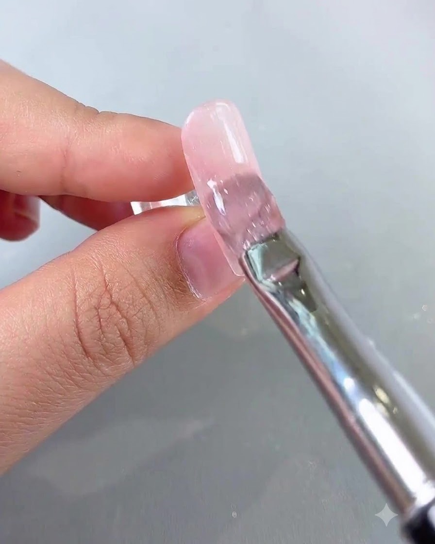 A brush gliding a shimmering translucent cat-eye gel over a pink nail base.