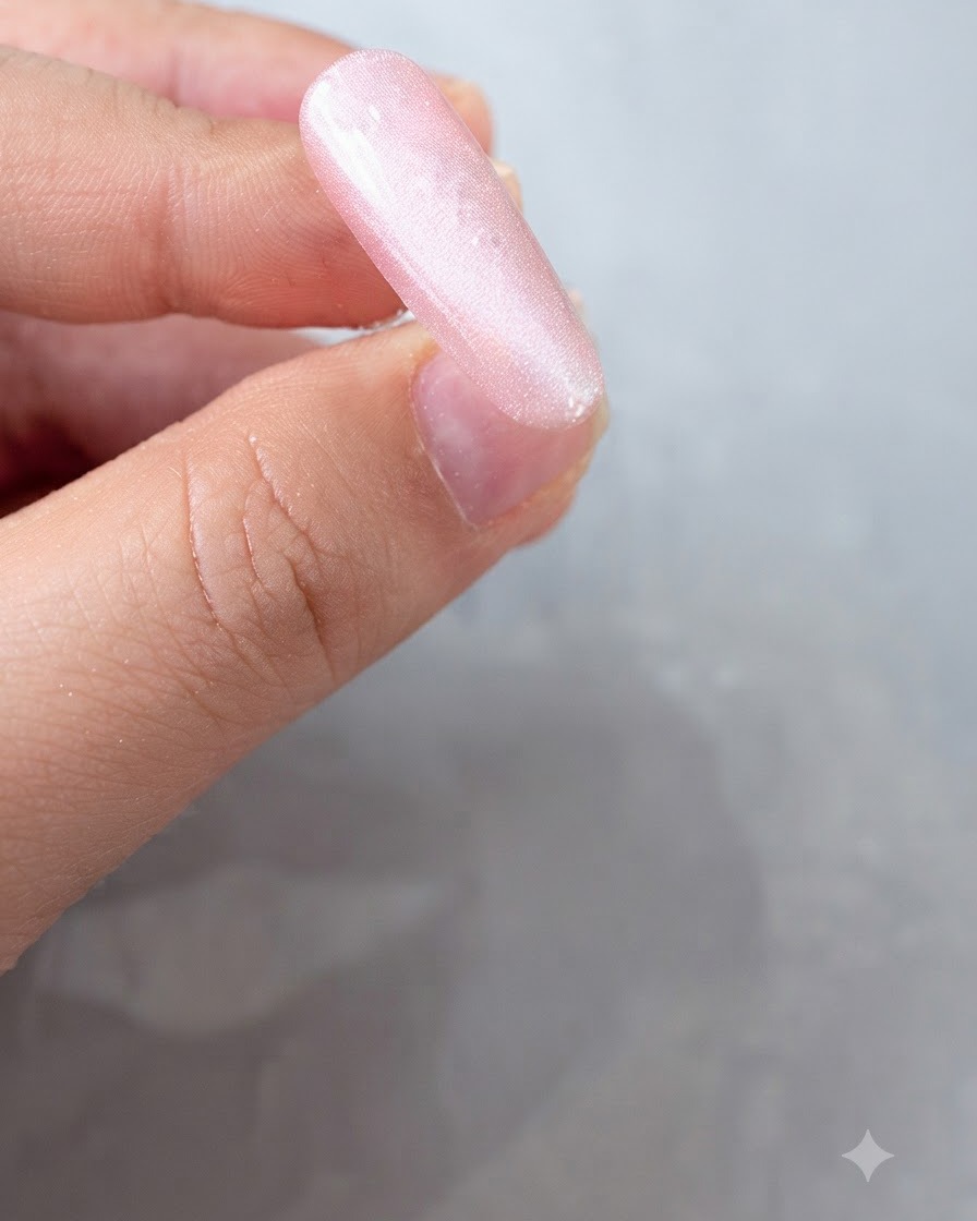 A close-up of a pink nail displaying a concentrated glowing cat-eye glass bead reflection.