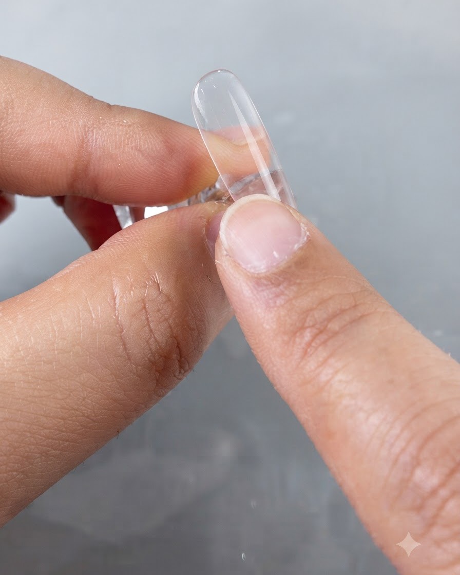 A finger checking the side profile of a clear nail form to ensure a smooth surface.