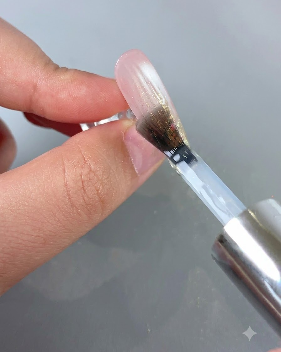 A nail brush applying a clear top coat over an ombre and glitter nail design.