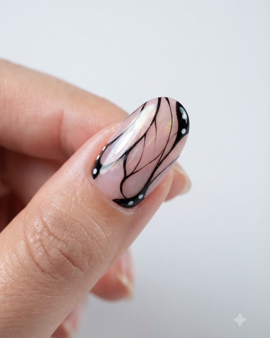 A finished nail showcasing complex black and white butterfly wing line work over an aurora cat-eye base.