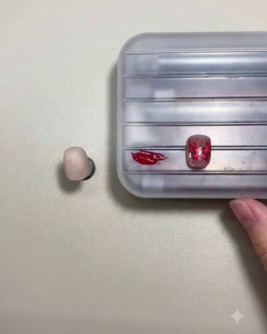 A close-up of a nail brush loading deep red gel from a mixing palette beside a decorated nail.