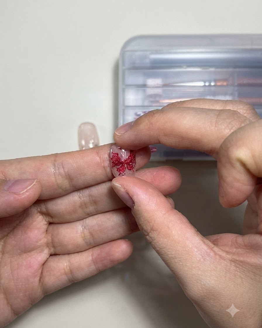 A close-up of a hand holding a nail tip featuring a detailed red glitter butterfly outline.
