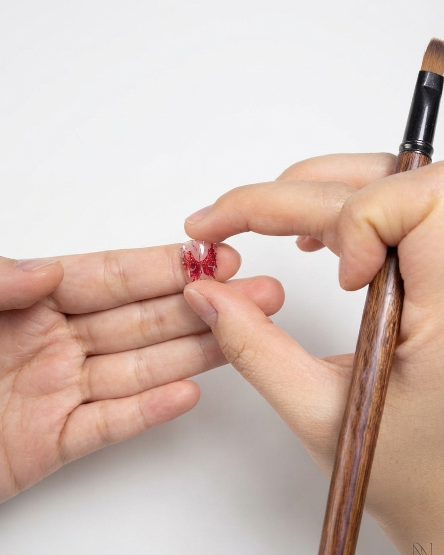 A close-up view of a hand holding a finished red butterfly outline on a clear nail tip.
