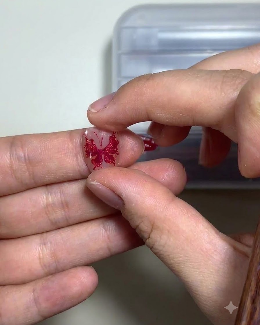 A soft brush gently sweeping across a cured red butterfly nail design to clear away loose particles.