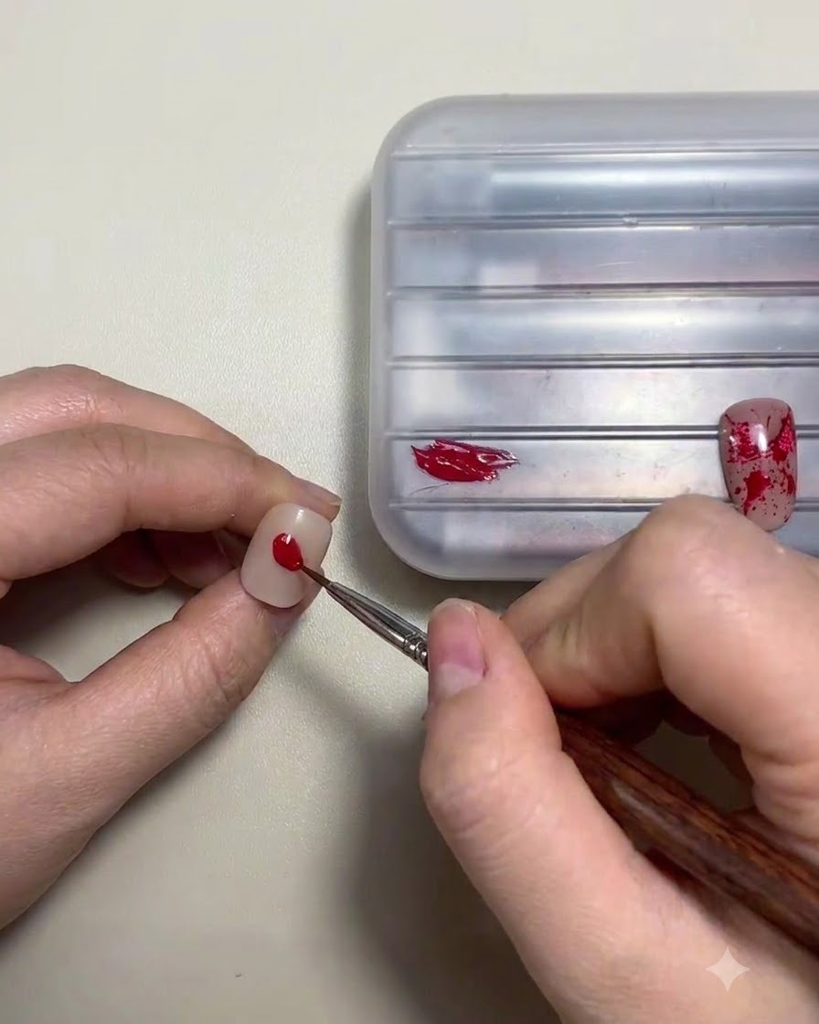 A hand placing a nail under a UV lamp for curing.