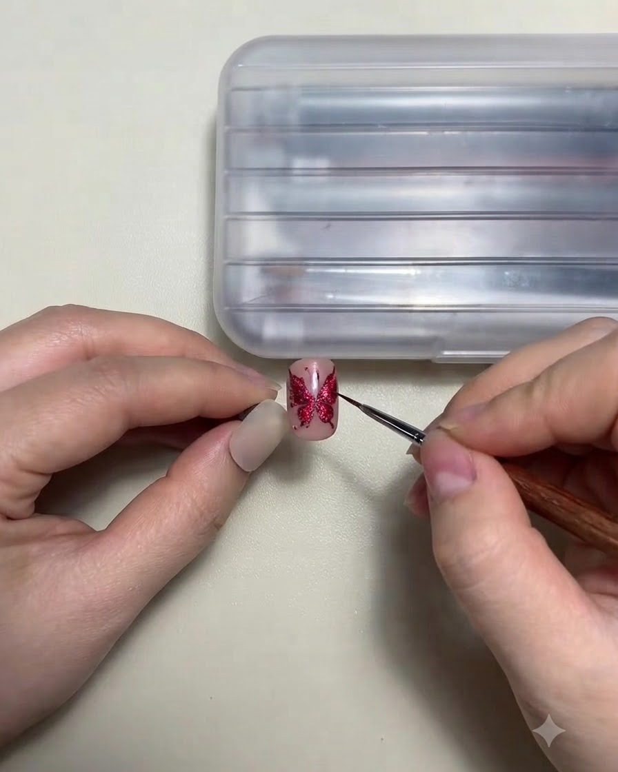 A close-up view of a liner brush hovering over a butterfly outline on a nail tip.