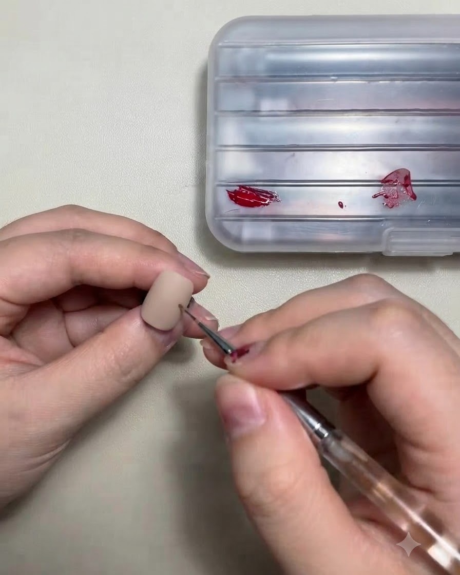 A liner brush applying red gel onto the surface of a nude-colored practice nail.