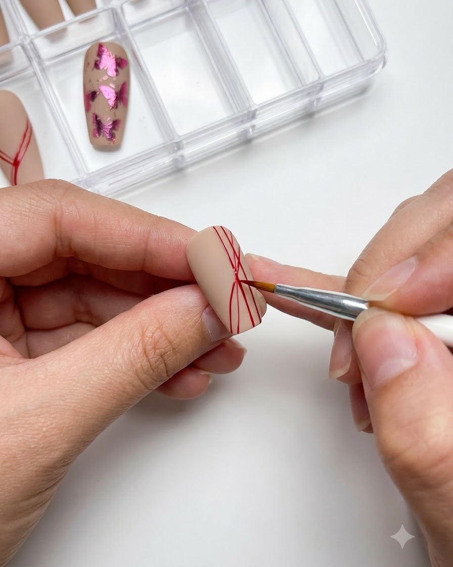 A close-up of a nail showing multiple red lines radiating from a central point, set inside a storage tray.
