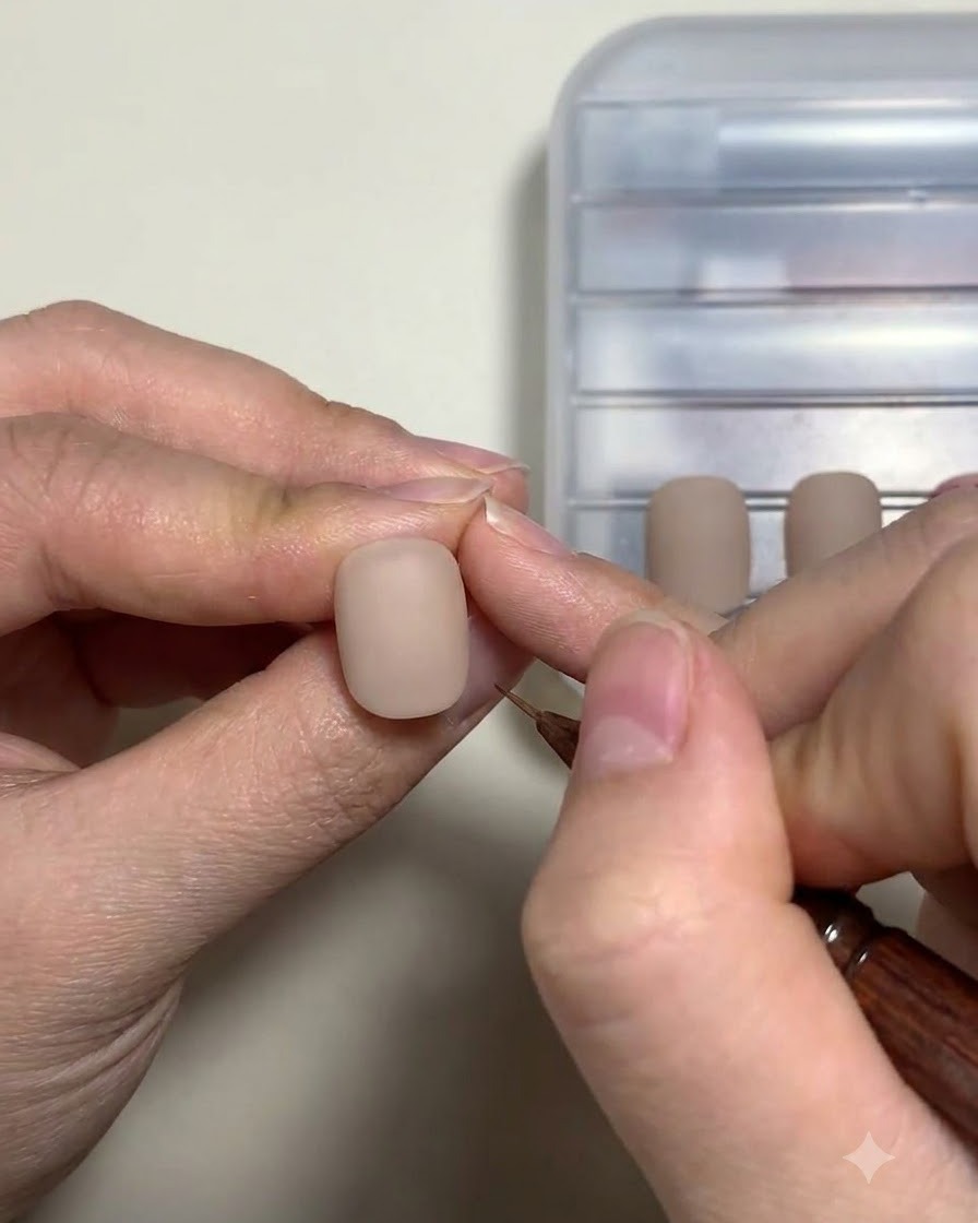 A hand holding a fine brush near a neutral-colored nail tip during a detailing step.