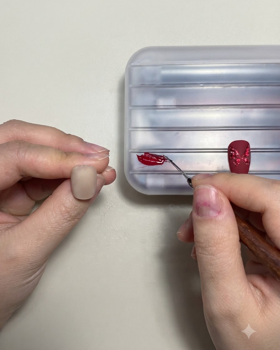 A brush applying a glossy top coat layer over a completed butterfly nail art design.