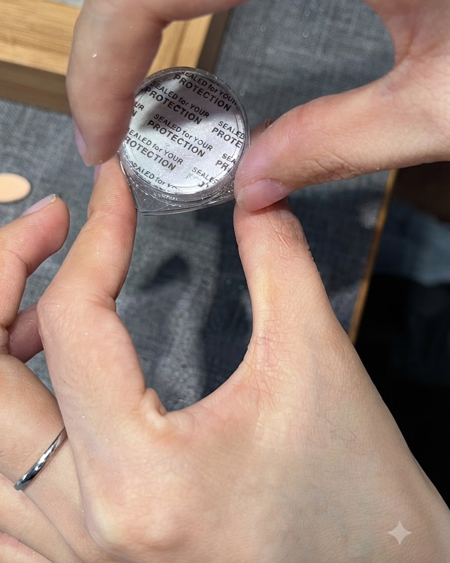 A sponge applicator picking up silver chrome mirror powder from a small container.