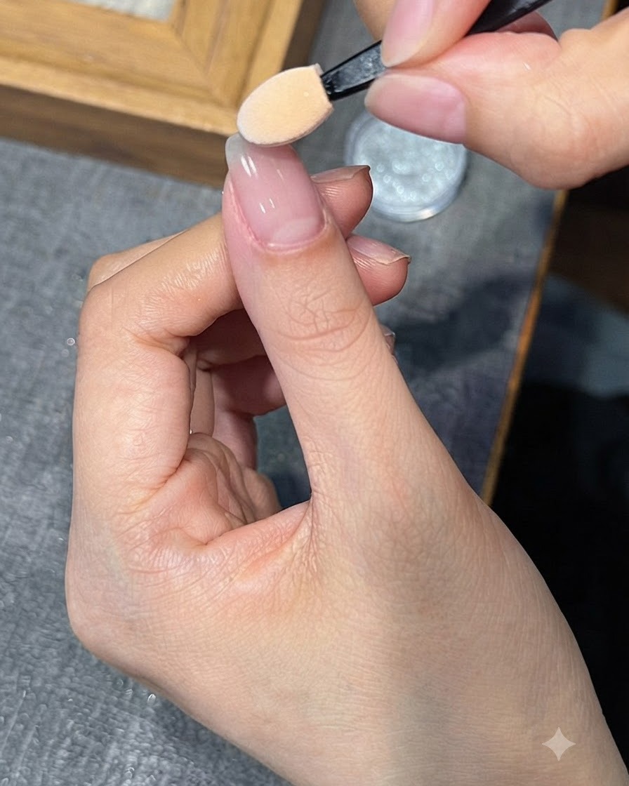 A sponge applicator blending silver chrome powder onto the tip of a nail.
