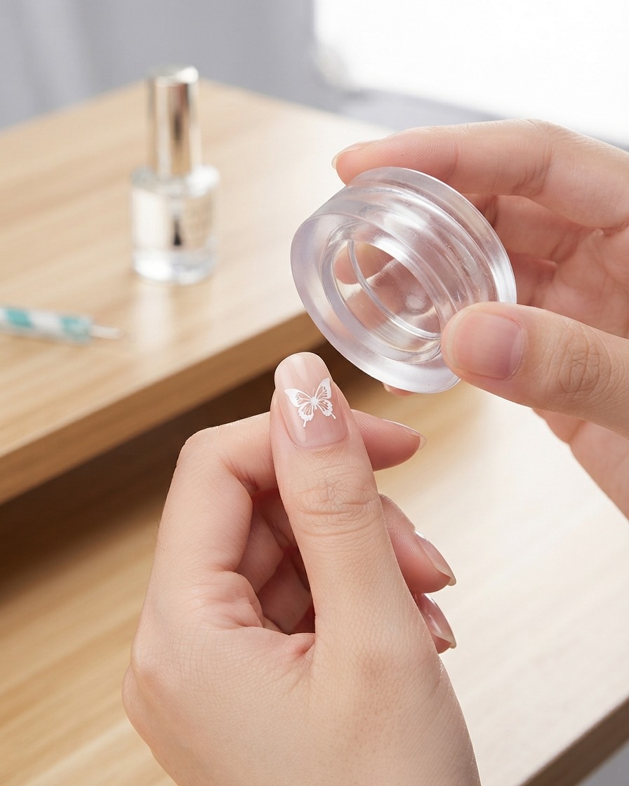 A clear stamper transferring a white butterfly design onto a manicured fingernail.