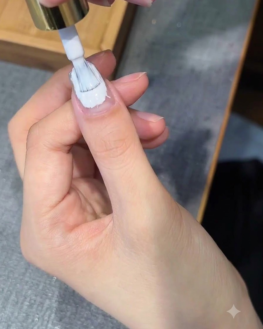 A nail brush applying a clear top coat over a decorated fingernail.