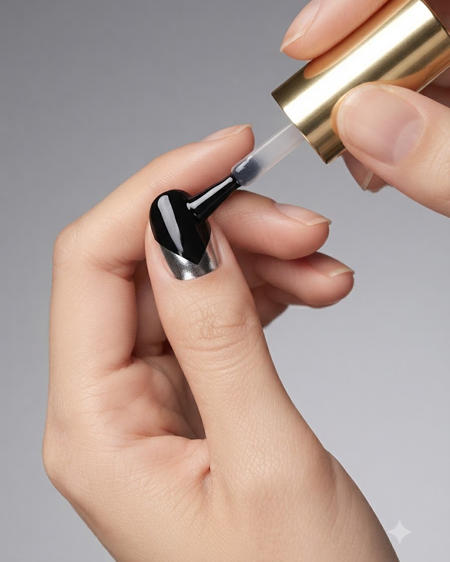 A manicured hand with top coat being cured under a UV or LED nail lamp.